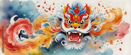 Intense and dynamic Chinese lion dance illustration, watercolor painting, New Year celebration, Generative Ai