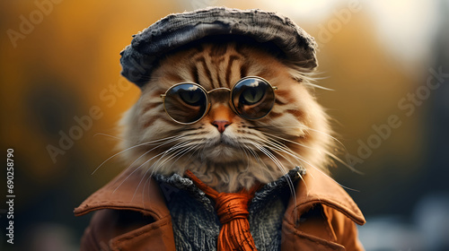 Whimsical Cat with Glasses and Hat Fashion Portrait