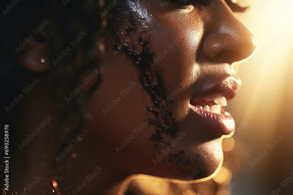 A woman with black paint on her face. Can be used for artistic projects or Halloween-themed designs