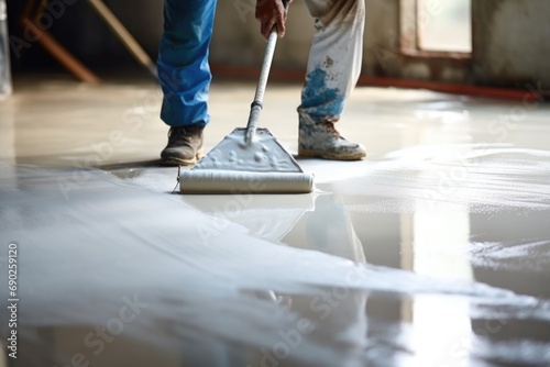 A man is using a mop to clean the floor. This image can be used to illustrate cleaning, housekeeping, or janitorial concepts