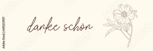 German gratitude lettering "danke schon", in English means "thank you". German lettering with hand-drawn flower. Thank you note. Vector illustration
