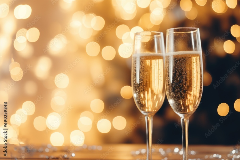 Two glasses of champagne sitting on top of a table. Perfect for celebrations and toasting