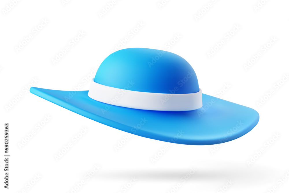 3D Elegant Blue Summer Women Hat with White Ribbon and Wide Brim. Cartoonish Design Element for Travel and Tourism Advertising. Vector Illustration of 3D Render. 3D Elegant Blue Summer Women Hat with White Ribbon and Wide Brim. Cartoonish Design Element for Travel and Tourism Advertising. Vector Illustration of 3D Render.
