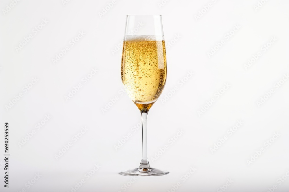 A clear glass filled with champagne, placed on a clean white background. Suitable for celebrations and toasting occasions