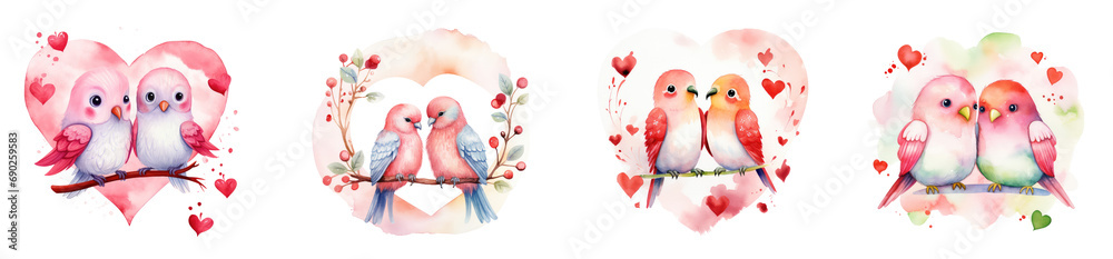 Set of Cute watercolor couple lovebirds in chibi style, creating a whimsical atmosphere perfect for Valentine's Day romance isolated on PNG transparen background. Set of Cute watercolor couple lovebirds in chibi style, creating a whimsical atmosphere perfect for Valentine's Day romance isolated on PNG transparen background.