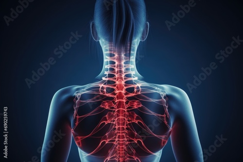A close-up view of a woman's back with a highlighted spine. This image can be used to illustrate anatomy, healthcare, fitness, or back pain-related topics