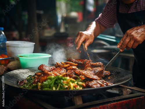 A street food vendor is seen up close, engaged in the preparation of delicious local cuisine.