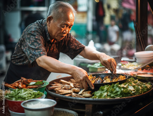 A street food vendor meticulously preparing delicious local cuisine in a closeup shot.
