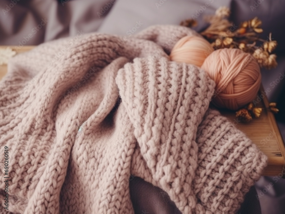 A closeup photo of hands skillfully knitting a stylish and cozy scarf. (15 words) A closeup photo of hands skillfully knitting a stylish and cozy scarf. (15 words)
