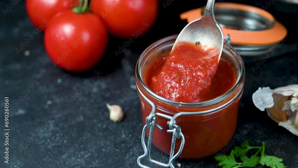 Tomato paste in a glass. Homemade tomatoes sauce, dark background