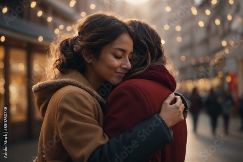 A young couple,female friends hug on a festive decorated city street. Love, Valentine's Day, Hug Day, family values, love, youth concepts. photo