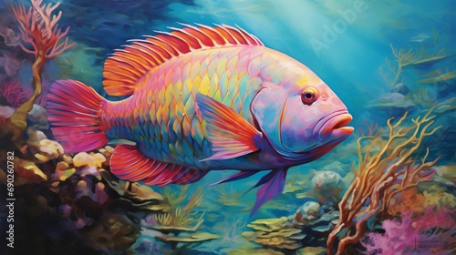 a vibrant portrayal of a parrotfish  its vivid scales and playful demeanor depicted in striking colors on a pristine white canvas  symbolizing the vibrancy of coral reef ecosystems.