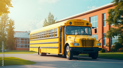 Classic yellow school bus parked in front of a suburban school with children boarding.