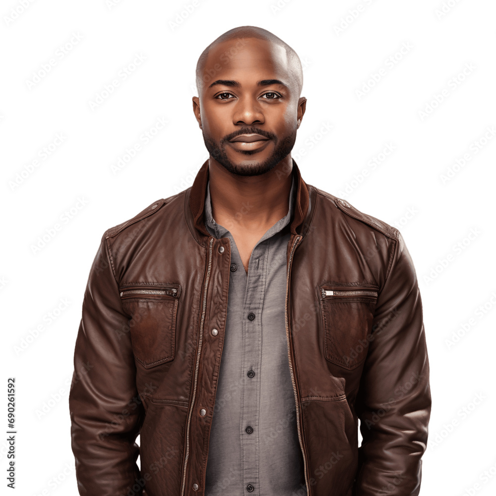 Badass Style: African American Handsome Man in Brown Leather Jacket, Isolated on Transparent Background - Edgy and Confident Fashion Portrait