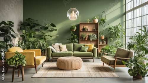 Interior of living room with green houseplants and sofas photo