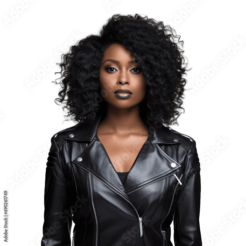 Confident and Stylish African American Woman in Black Leather Jacket: Isolated on Transparent Background