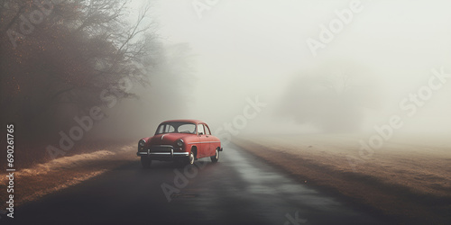 car driving in fog ,Desktop Wallpapers ,Car On Green Backdrop ,Tunned Car photorealistic background wallpaper illustration ,Fog on the ground at dusk generative ai  © Hadi