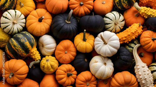 Close-up of a variety of colorful pumpkins and gourds at a fall harvest festival.