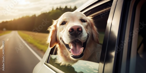Happy dog with head out of the car window having fun. Travel with dog concept