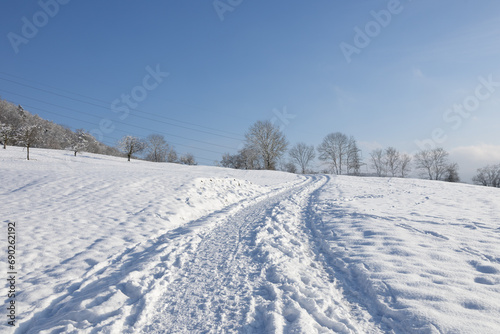 Snow covered hill with blue sky and treeline on the horizon