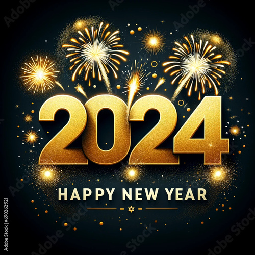 featuring a festive New Year's theme with "2024" in gold numerals, fireworks, and the text "Happy New Year". Created Using generative AI tools