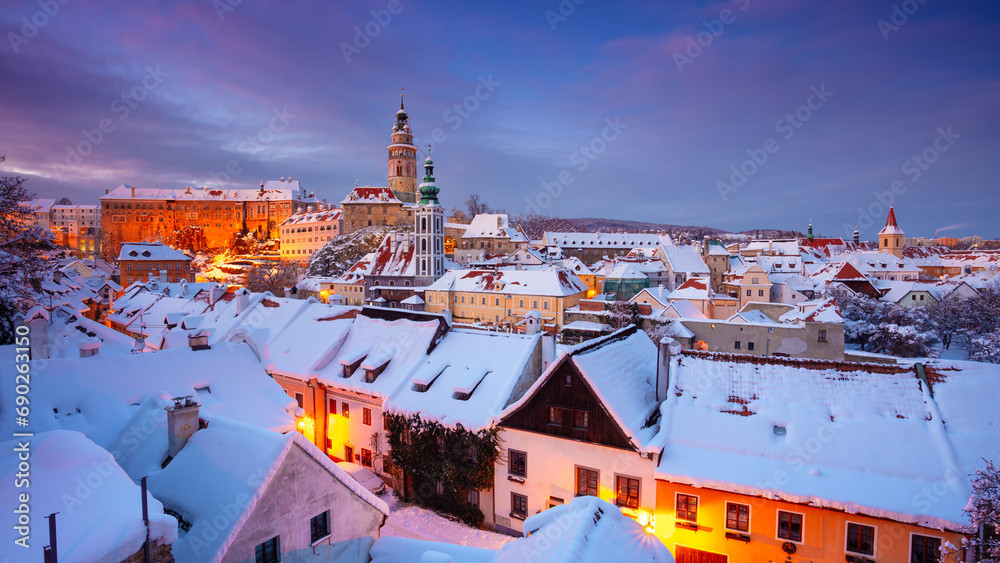 Cesky Krumlov, Czech Republic. Aerial cityscape image of Cesky Krumlov, Czech Republic at beautiful winter sunset.