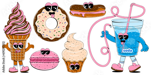 Cute sweets characters in retro cartoon style. Colorful set of mascots of donut, coffee, ice cream, cake, cupcake and other sweets. Vector illustration on isolated white background.