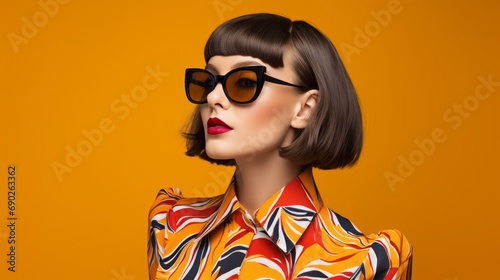 Stylish Female with a bright personality. Female portrait on yellow background. Sunglasses