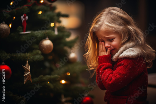 Crying girl in hysterics covers his face with his hands in shock near New Year's Christmas tree in bad mood