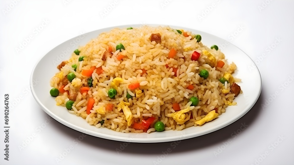 Close-up Portrait of delicious fried rice against white background, background image, generative AI Close-up Portrait of delicious fried rice against white background, background image, generative AI