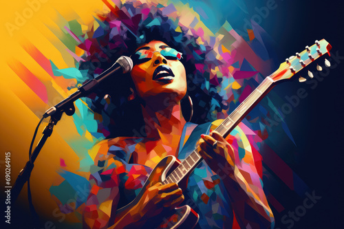 Vibrant singer with guitar amidst colorful geometric lights, epitomizing passionate musical performance.
