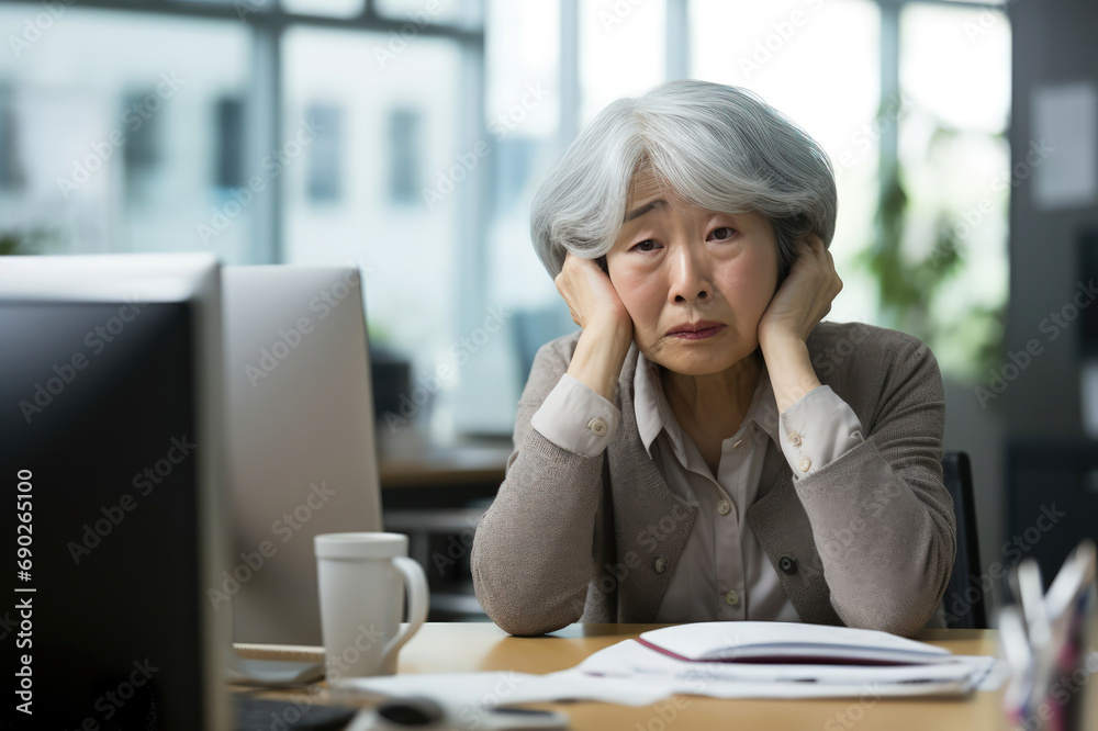 Obraz premium Worried senior Asian businesswoman at her desk with a troubled expression.