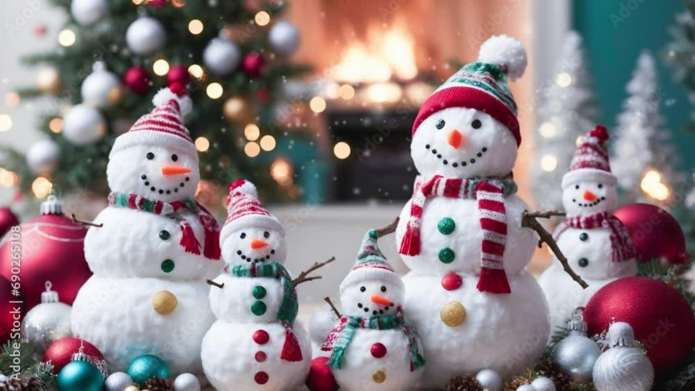 snowman and christmas tree, snow falling background, Christmas theme snowman and christmas tree, snow falling background, Christmas theme