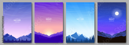A set of posters for backgrounds, postcards, covers, wallpapers. Mountain landscapes, mountains and forest, night scene, sunset. Minimalistic vector images. Concept of tourism, mountain hiking.