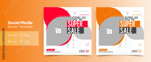 Set of Editable minimal square banner template. Orange and White background color with shape. Suitable for social media post and web ads. Modern promotion square banner. fashion (ID: 690265319)