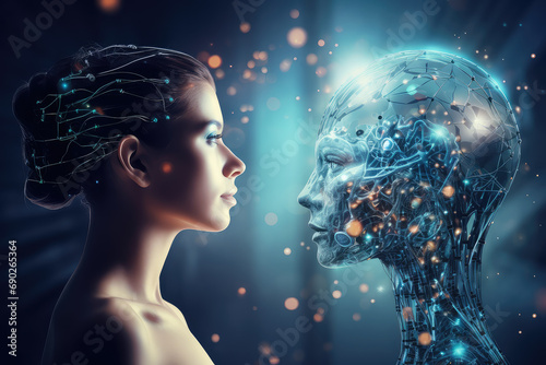 Smart brain connection of AI and robotics, showcasing an innovative network powered by neuralink technology. Evolution of futuristic communication and intelligent interaction.