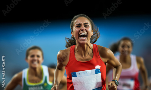 A female track and field athlete celebrating winning a sprint race at a sports event photo