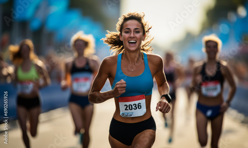 A female track and field athlete celebrating winning a sprint race at a sports event photo