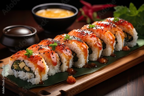 Gourmet shot of sushi, prepared in japanese style, emphasizing the shrim, 