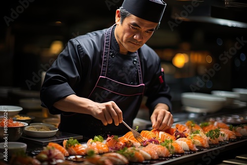 japan chef In the sushi bar, the chef is making sushi, 