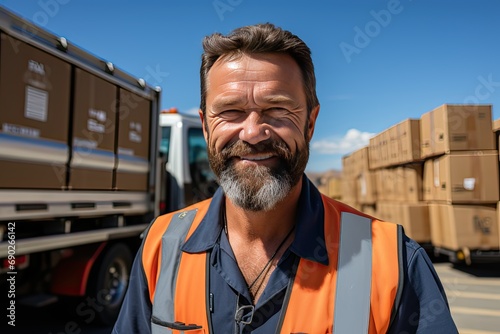 low perspective photo of strong smart man holding moving box on his hand
