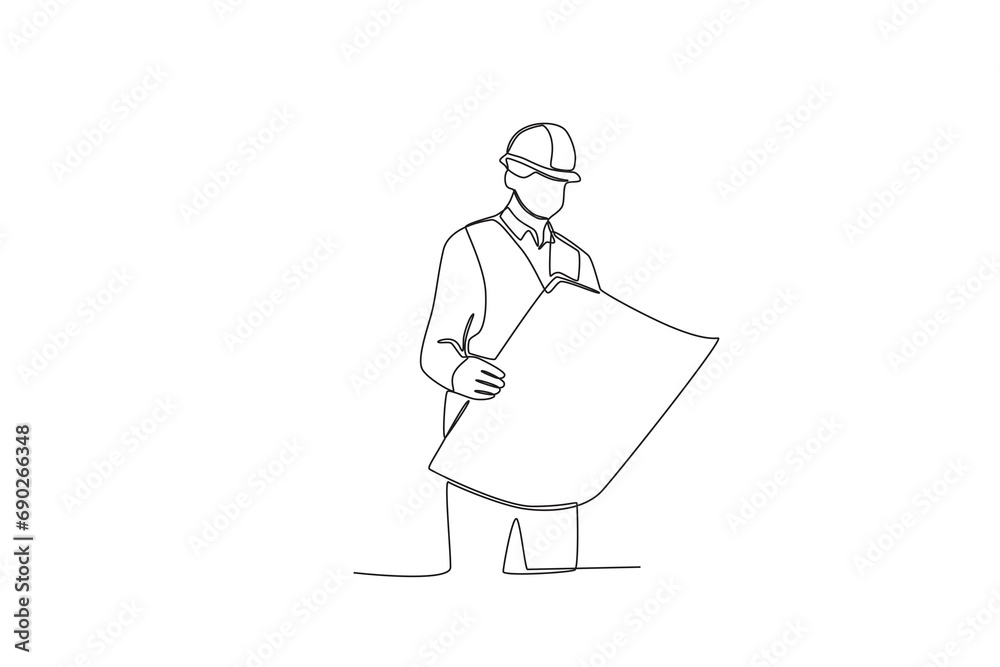 One line drawing of Architect looking at his design drawings. Great team work concept. Trendy continuous line draw design graphic vector illustration.