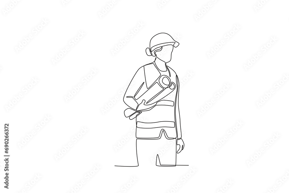 One line drawing of Female fieldworker with technical drawing scroll. Great team work concept. Trendy continuous line draw design graphic vector illustration.
