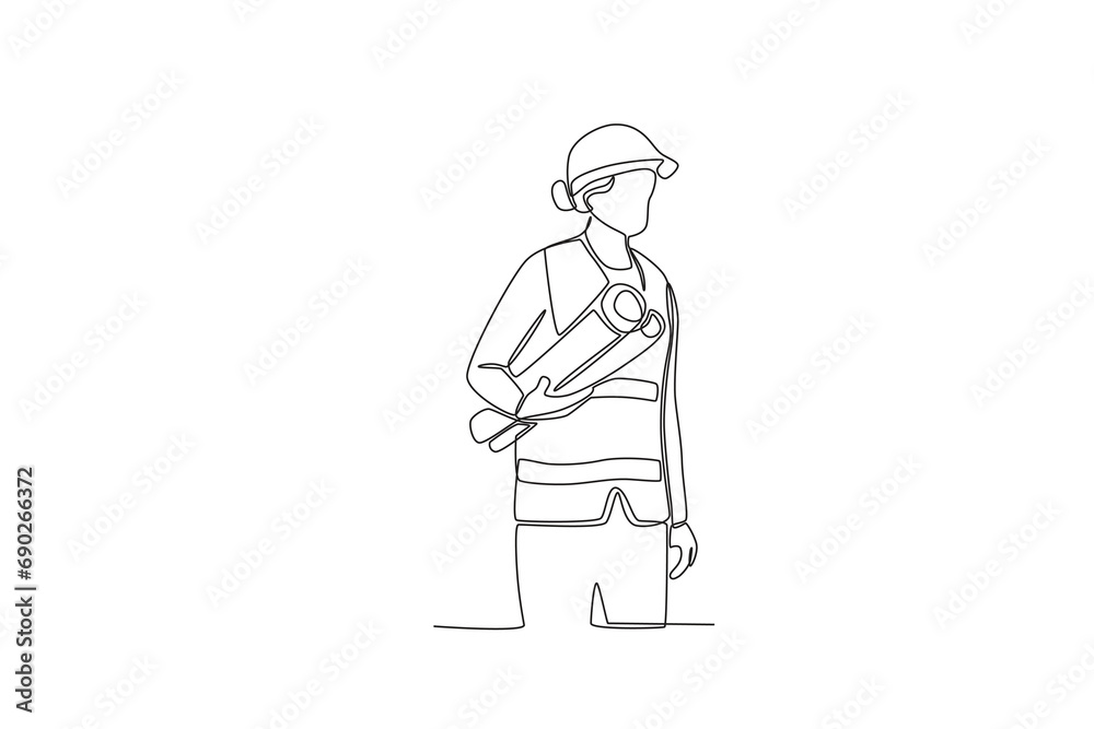 One line drawing of Female fieldworker with technical drawing scroll. Great team work concept. Trendy continuous line draw design graphic vector illustration.
One line drawing of Female fieldworker with technical drawing scroll. Great team work concept. Trendy continuous line draw design graphic vector illustration.