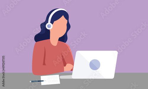 Listening Test and Listening two Students with Headphones and Papers Writing While listening, Listening test with Headphones, paper, and laptop. Female Customer Support, Help Desk, and Female Helpline