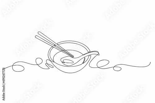Empty noodle bowl with spoon and chopsticks, continuous one line art, cartoon vector illustration hand drawn isolated on white background 