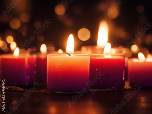 Many burning small candles on dark background  Group of burning candles on black background ai image 
