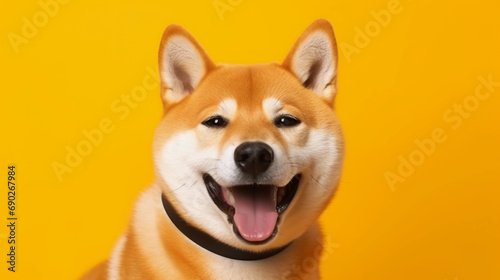 Captivating Portrait of a Smiling Shiba Inu Dog in a Cozy Yellow Orange Environment