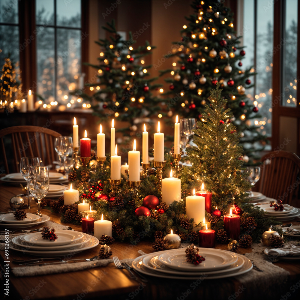 A festively decorated table. Celebrating Christmas.