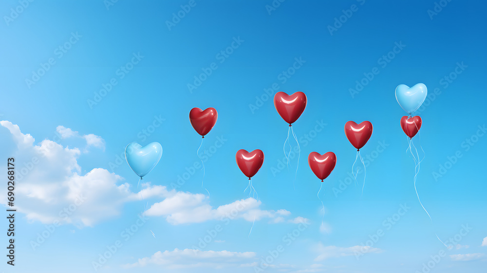 Heart balloons floating against a clear blue sky.